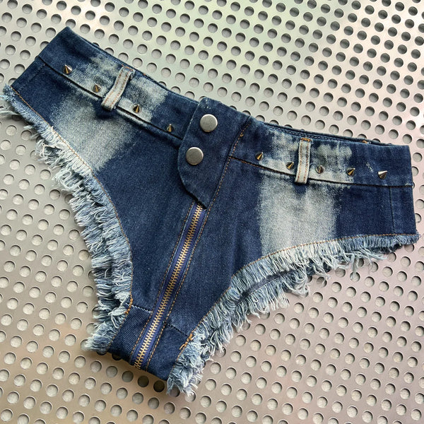Low-Rise Fringed Denim Shorts