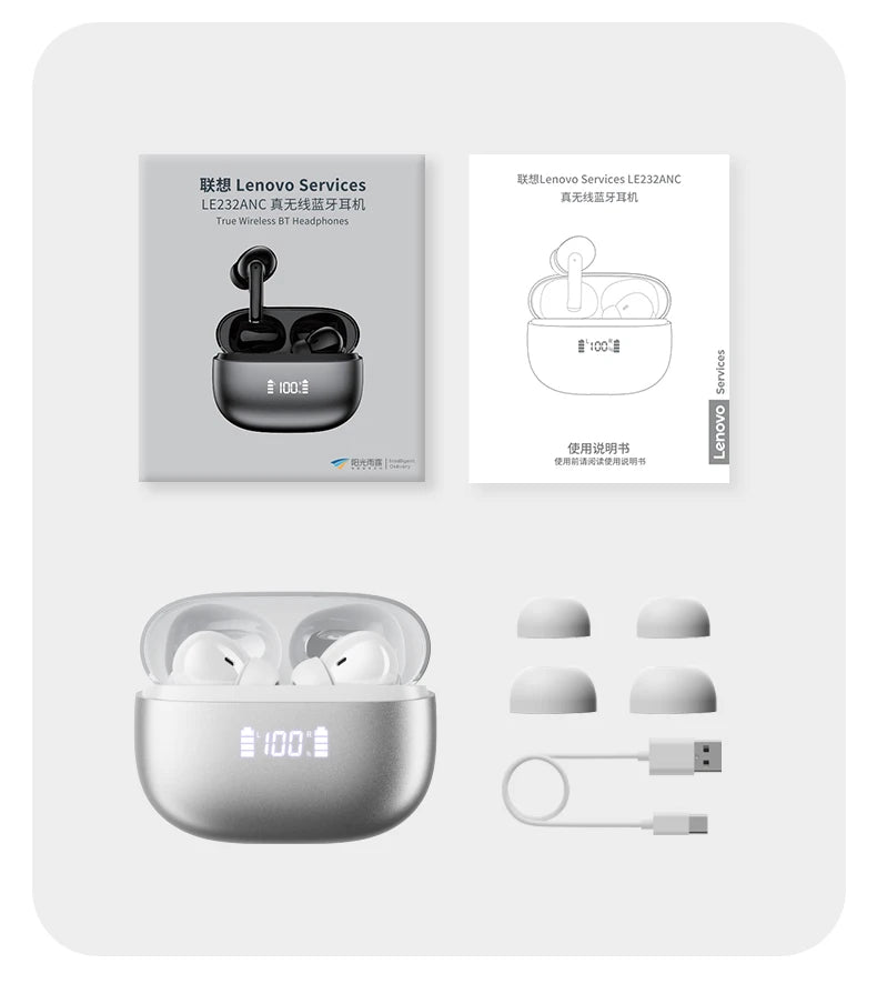 New Lenovo LE232 ANC Bluetooth 6.0 Headphones Active Noise Cancelling Wireless Earphone Power Display Music TWS Earbuds Choice