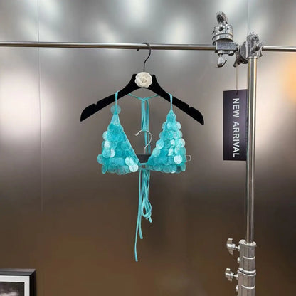 New Luxury Sequin Decorated Tie Bikini Two-Piece Swimsuit for Women Vacation Sexy Bikini Set