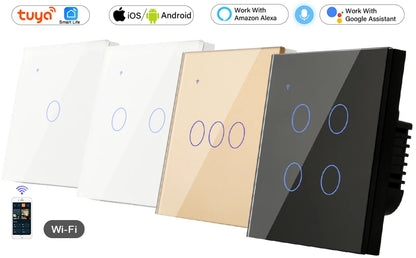 Tuya WiFi Smart On Off Light Switch 220V Power Button Wall Touch Alexa Google Home Voice With Without No Neutral Wire EU Two Way