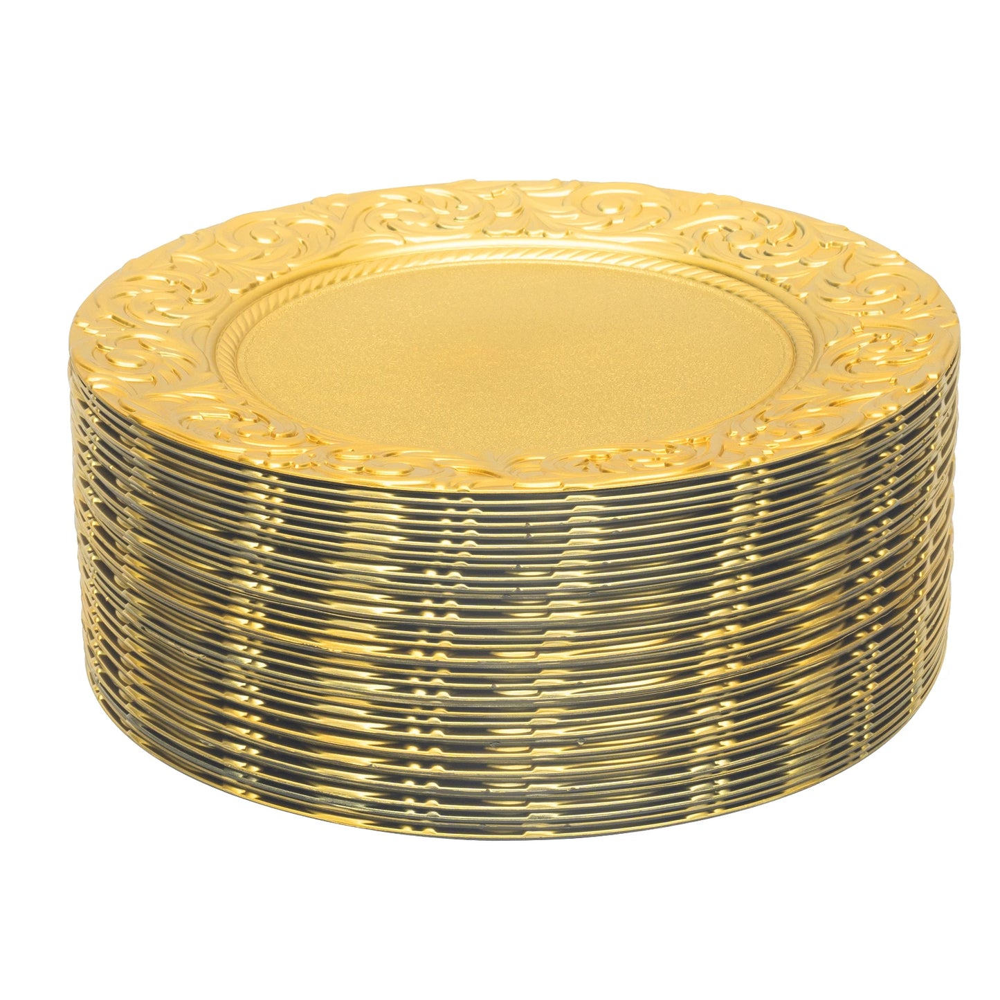 100-Pack Gold Charger Plates Set 12.9 Inch Embossed Round Disposable Serving Trays Christmas Wedding Party Decoration Plate ﻿
