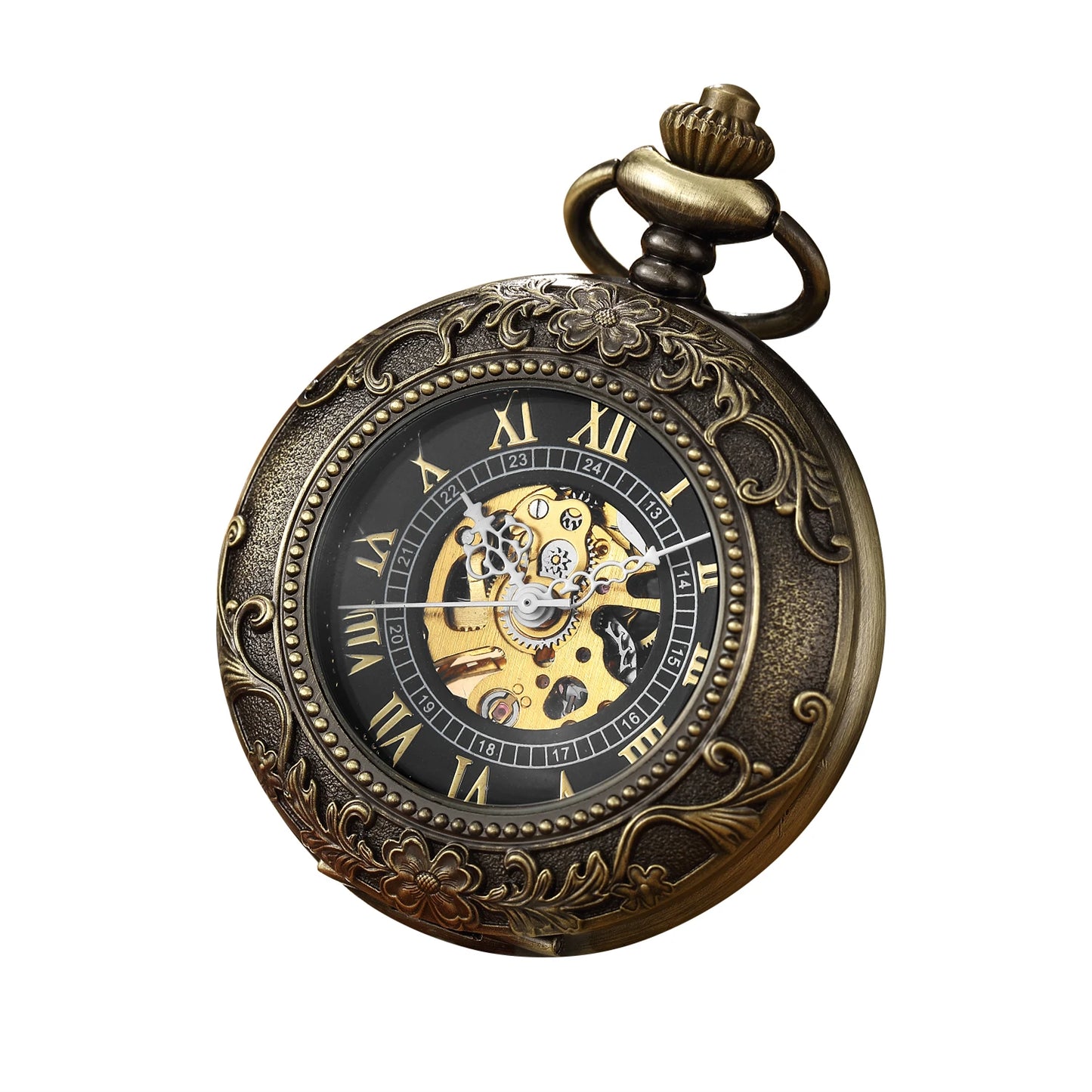 Vintage Skeleton Mechanical Pocket Watch Engraved Floral Design Hand Wind Fob Watch With Chain For Men Women Luxury Antique Gift