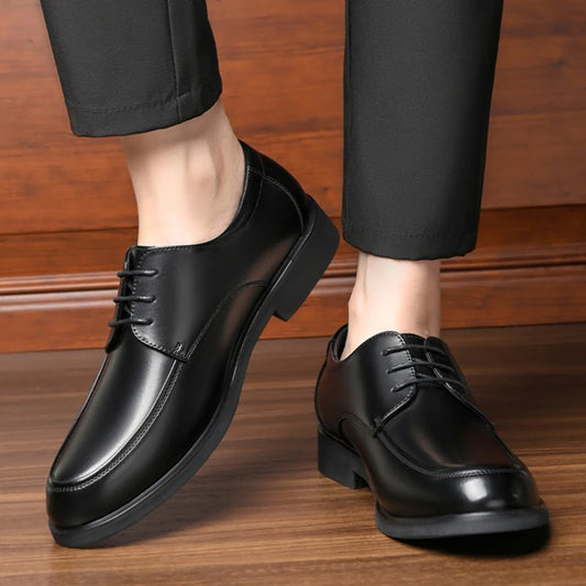 Mens Black Genuine Leather Lace Up Chunky Platform Oxfords Formal Business Office Groom Wedding Daily Wear Shoes Fashion Simple