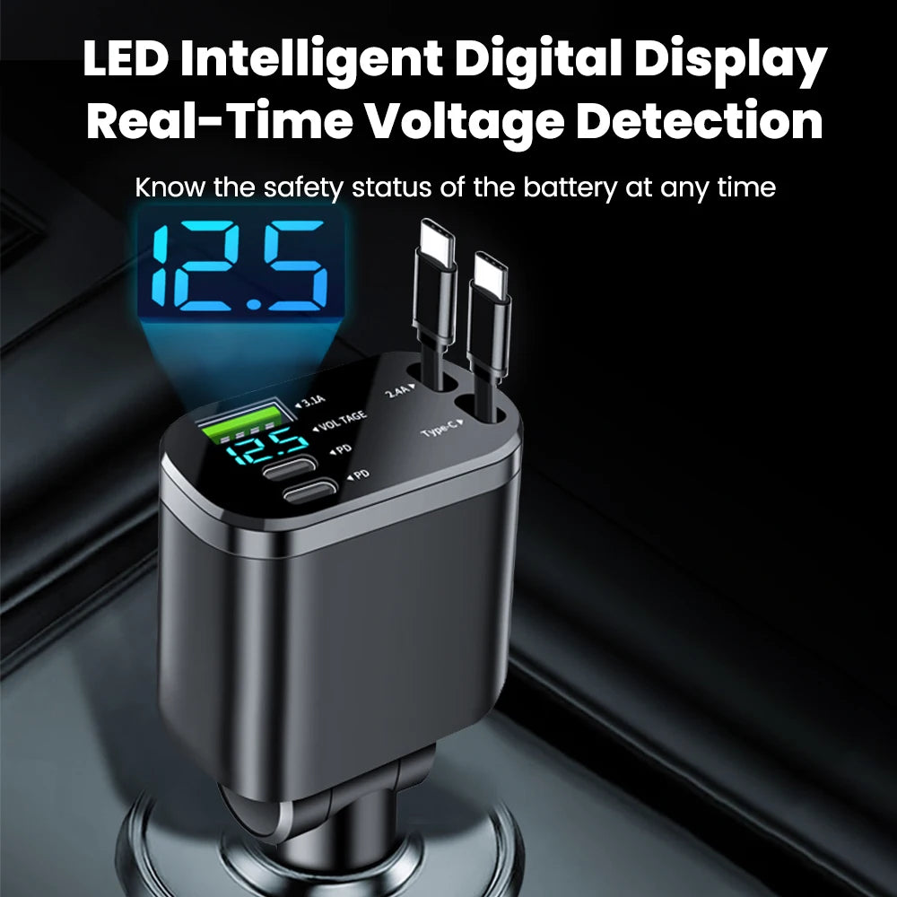 Elough Digital Display Car Charger with Retractable Cable PD Car Fast Charger for iPhone Xiaomi Huawei Samsung