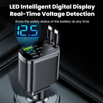 Elough Digital Display Car Charger with Retractable Cable PD Car Fast Charger for iPhone Xiaomi Huawei Samsung