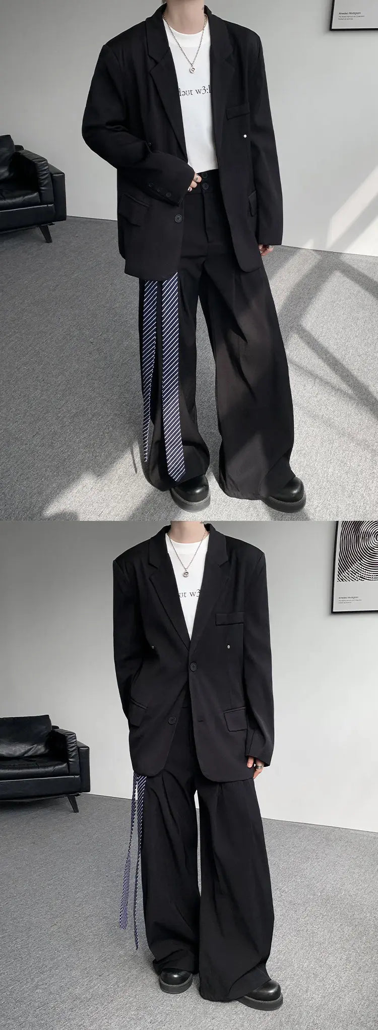 Casual suit set Men Loose fitting 2 piece suit Shoulder pads Trend Streetwear Korean 2025 NEW suit jacker+suit pants