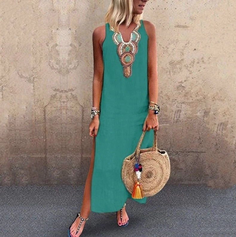 Women's Sleeveless Deep V-Neck Side Split Dress, Bohemian Sexy Dress, Casual, New