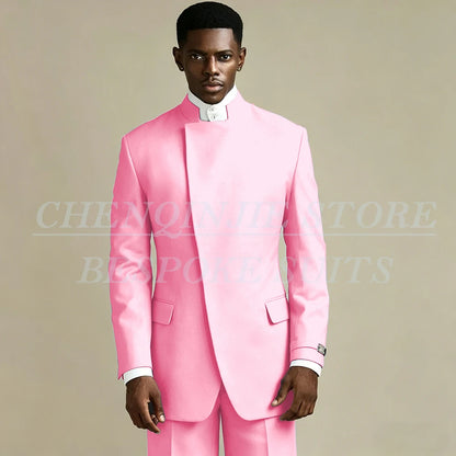 Elegant Black Men's Suits 2 Piece Jacket Pants Outfits Formal Single Breasted Stand Lapel Skinny Clothing Costume Homme
