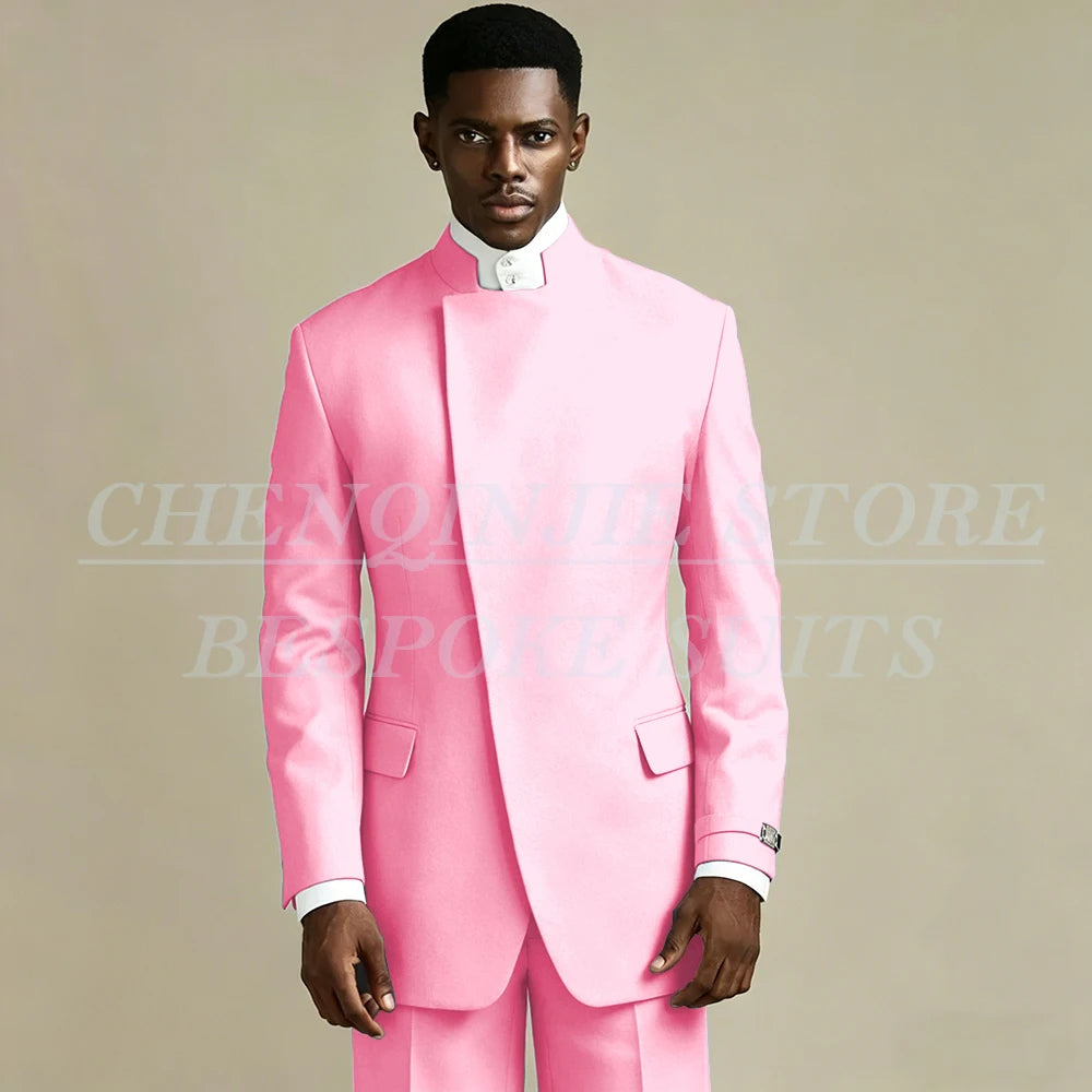 Elegant Black Men's Suits 2 Piece Jacket Pants Outfits Formal Single Breasted Stand Lapel Skinny Clothing Costume Homme