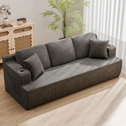 87in Corduroy Deep Seat Sofa with 2 Pillows Cup Holder Storage Pocket Living Room Grey Custom
