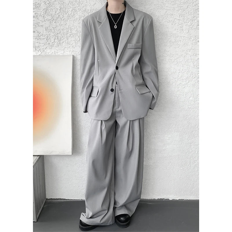 Casual suit set Men Loose fitting 2 piece suit Shoulder pads Trend Streetwear Korean 2025 NEW suit jacker+suit pants