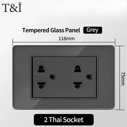 118*75mm TEMPERED GLASS SWITCH PANEL Wall Socket with USB Type - C, Grey US Switch, Thai Plug for Home & Office Use