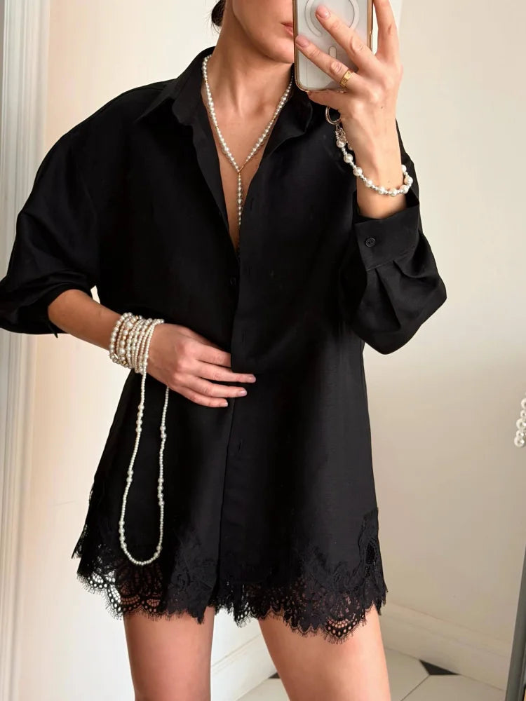 Women's Casual Long Sleeve Single Breasted Shirts 2026 Spring Lace Floral Hem Blouse Elegant Classical Stylish Shorts Outfits