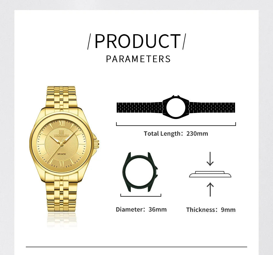 NAVIFORCE Ladies 3ATM Waterproof Quartz Watch Simple Fashion Stainless Steel Watchband Woman Quartz Watch Gifts For Women NF5067