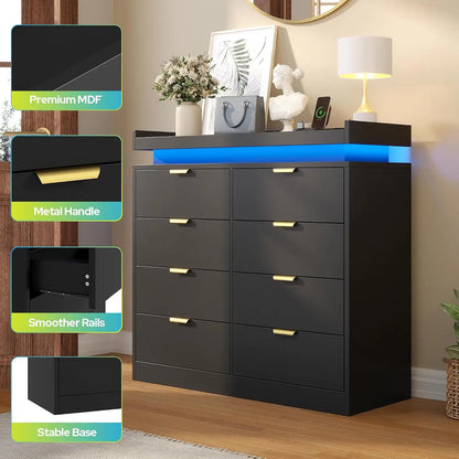 Modern Large Wooden 8 Drawer Bedroom Dresser, Storage Chest Integrated with LED Lights and Convenient Power Outlet, Customized
