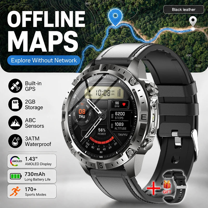 New Outdoor GPS Offline Map Smart Watch Men 3ATM Waterproof 170+ Sports LED Compass Altimeter AMOLED Bluetooth Call Smartwatch