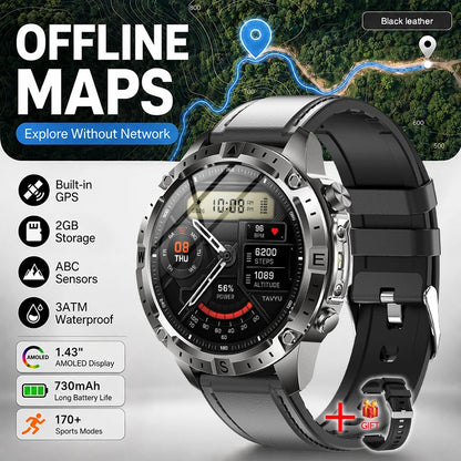 New Outdoor GPS Offline Map Smart Watch Men 3ATM Waterproof 170+ Sports LED Compass Altimeter AMOLED Bluetooth Call Smartwatch