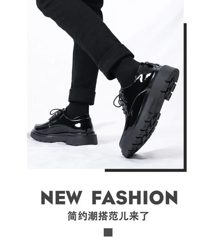 Mens Black Patent Leather Perforated Lace Up Chunky Platform Oxford Shoes Breathable Casual Business Formal Summer Dress Shoes