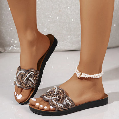 PXASXR Pearl Sandals for Women Fashionable Wear-Resistant Flat Bottom Slippers Comfortable Casual Beachwear Outdoor Slippers