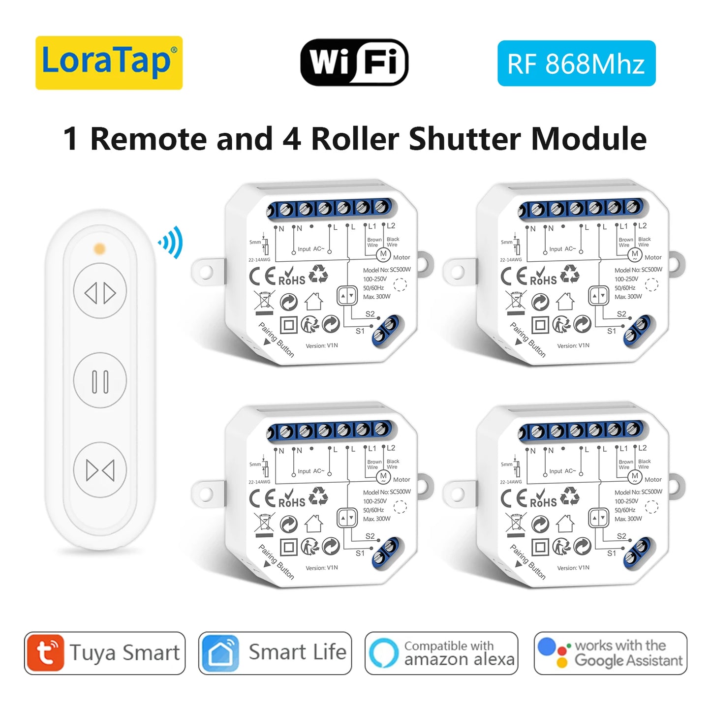 LoraTap WiFi Smart Curtain Switch Module Remote Control & Timer Works with Tuya Smart Life Google Home Alexa for Roller Blinds