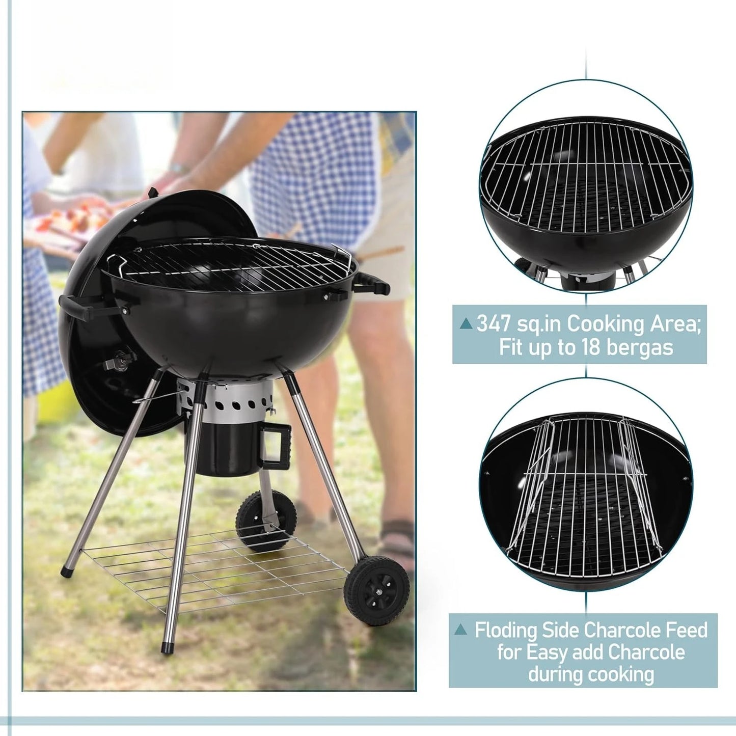 22" Kettle Charcoal Grill, Portable Porcelain-Enameled BBQ Grill with Slide Out Ash Catcher for Outdoor Barbecue, Customized