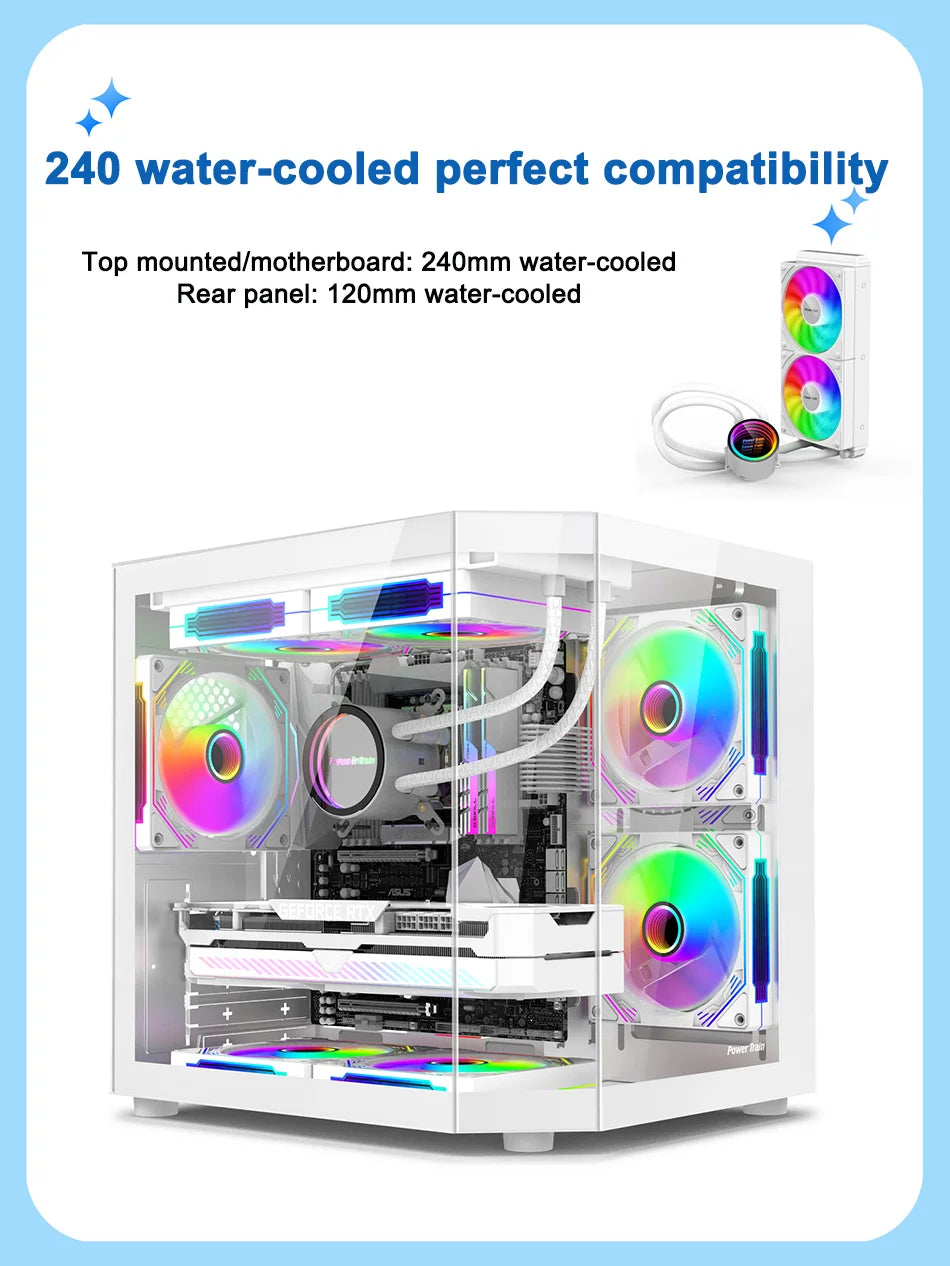 Power Train Star Realm M-ATX Desktop Computer Case Without Pillars Three Sided Glass Panoramic Sea View Room 240 Water Cooling