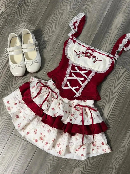 Summer Sweet Preppy Style 2 Piece Sets Women Y2k Kawaii Lolita Design Tops + High Waist Chic Skirt Female Princess Retro Outfits
