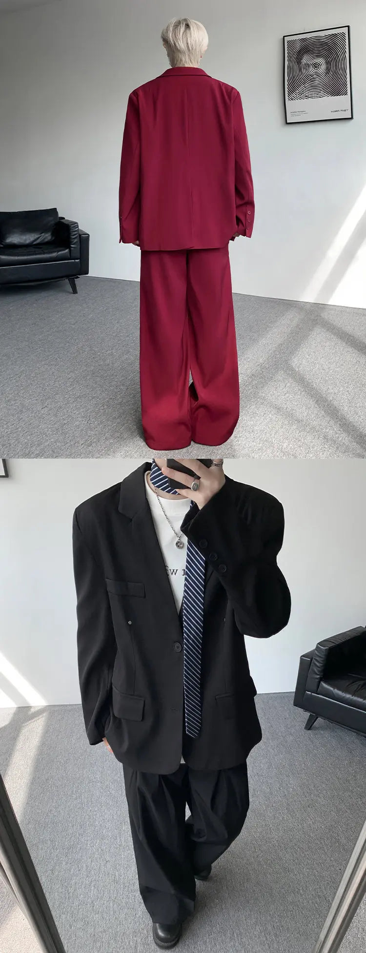 Casual suit set Men Loose fitting 2 piece suit Shoulder pads Trend Streetwear Korean 2025 NEW suit jacker+suit pants