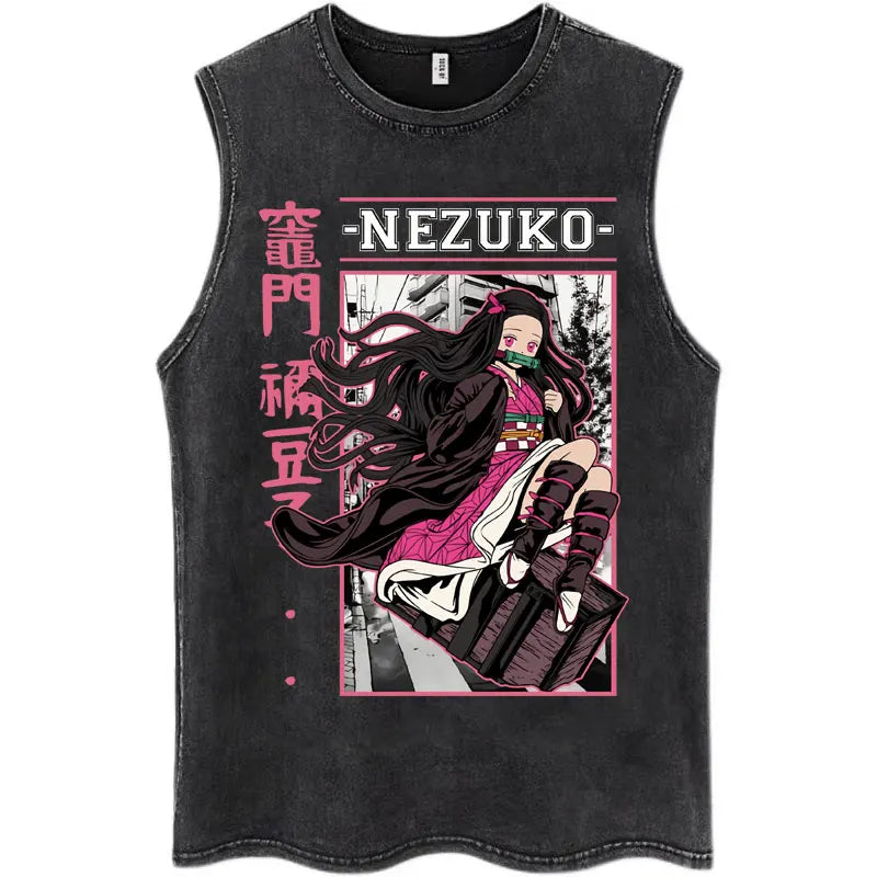 Washed Anime Demon Slayer Hashibira Inosuke Mask Face Tank Tops Men Women Vintage Fashion Cotton Sleeveless T Shirts Streetwear