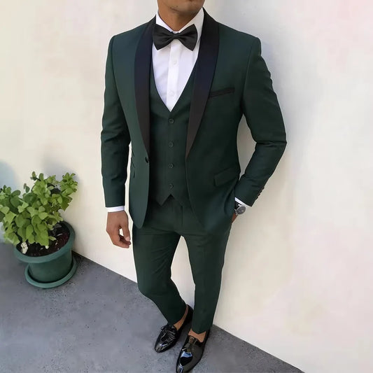 New Men's Crisp Collar Slim-fit Suit with Single Button 3pcs Suit Jacket, Dress, Business Formal Party Jacket, Vest And Trousers