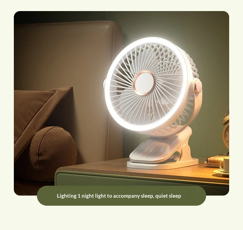 Portable Clip On Fan With LED Light, 720° Rotation Mini USB Rechargeable Fan, 5 Speed Quiet Cooling Fan For Home Office Camping