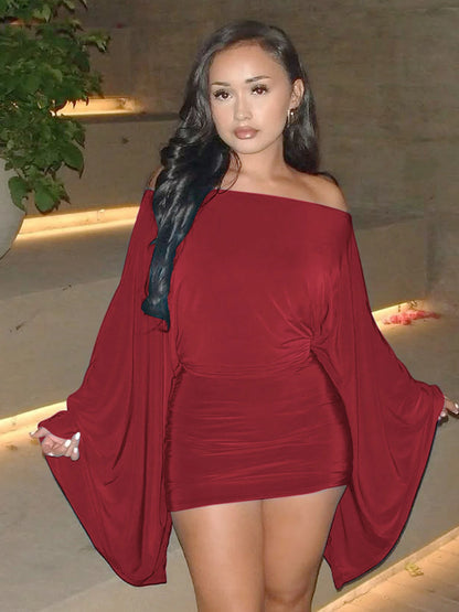 Hugcitar Solid Long Cloak Sleeve Sexy Loose Sexy Ruched Sexy Bodycon Mini Dress Fall Winter Women Fashion Outfit Party Festival