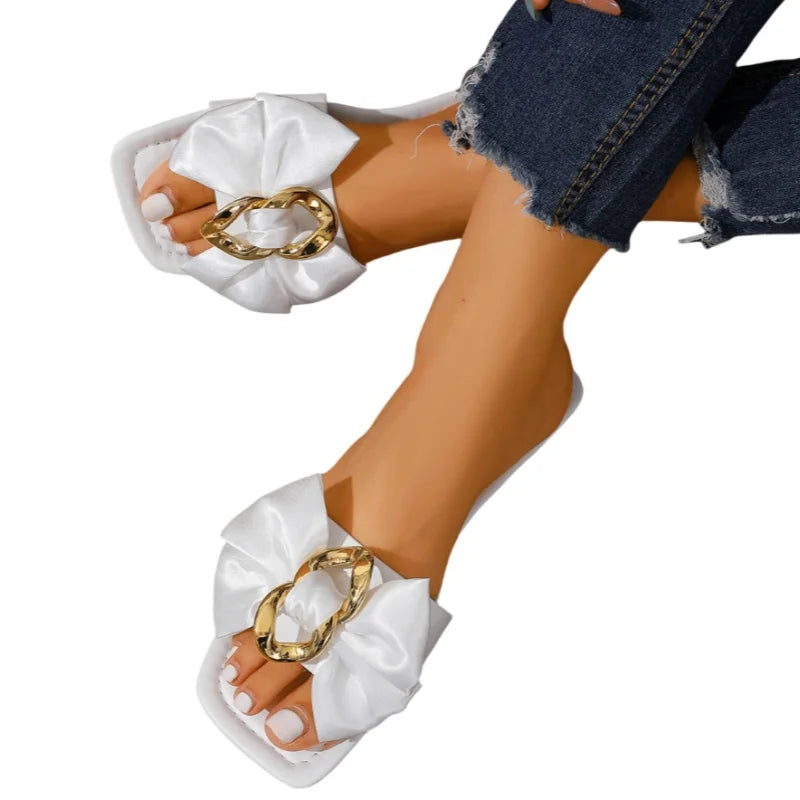 Summer Hot Selling Square Headed Comfortable Flat Slippers Fashionable Style Anti Slip Bow Casual Women's Slippers in Large Size