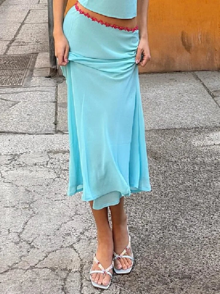 Elegant Chiffon Tops Skirt Set Women Stylish Floral Strap Off Shoulder Halter Crop Top Maxi Skirt Summer Beach Vacation Outfit