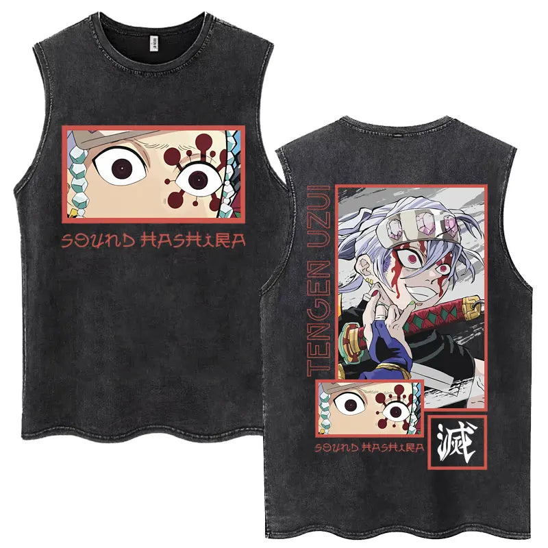 Washed Anime Demon Slayer Hashibira Inosuke Mask Face Tank Tops Men Women Vintage Fashion Cotton Sleeveless T Shirts Streetwear