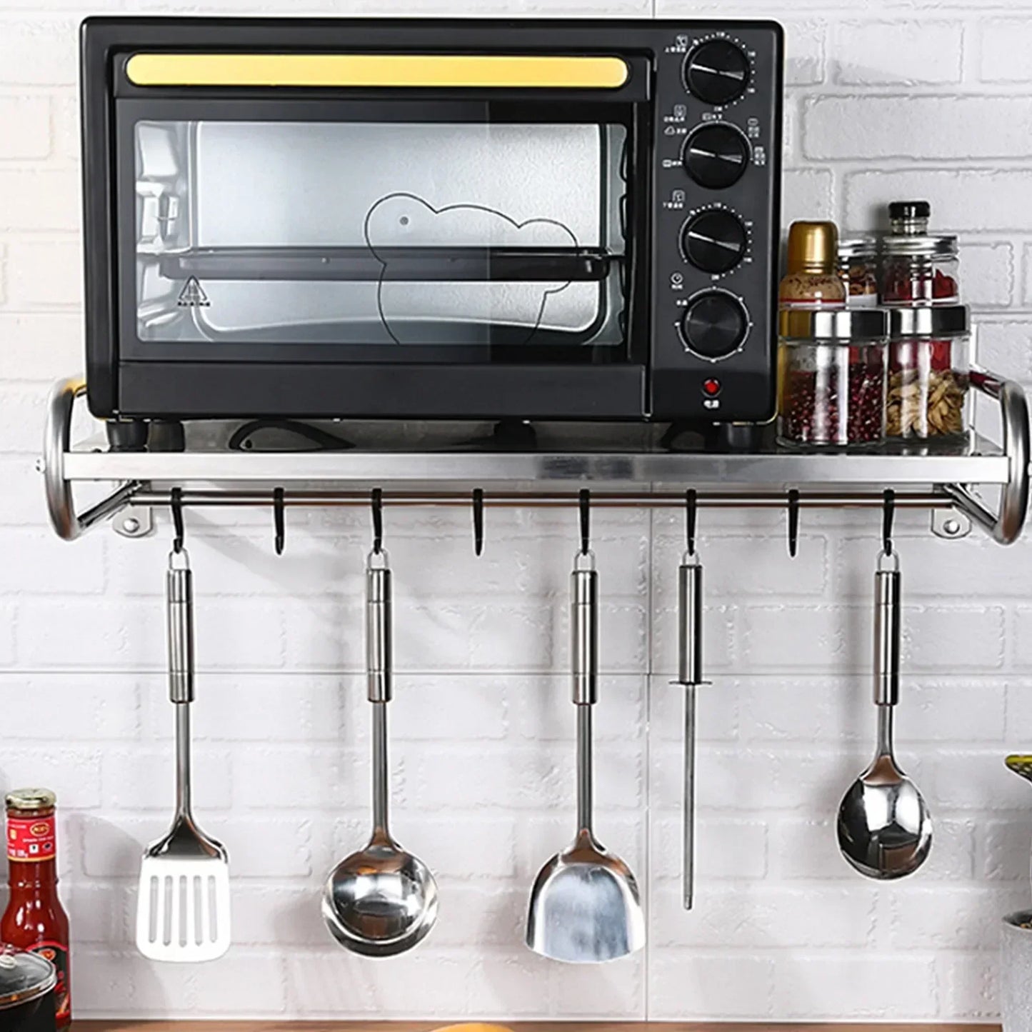 Stainless Steel Microwave Utensils Shelf Wall Mount with 6 Hooks, Heavy Duty Kitchen Organizer Rack for Bathroom Pantry Storage