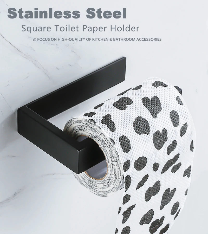 Self Adhesive Toilet Paper Holder Black Matt Stainless Steel Square Tissue Holder For Bathroom Storage Wc Accessories No Drill