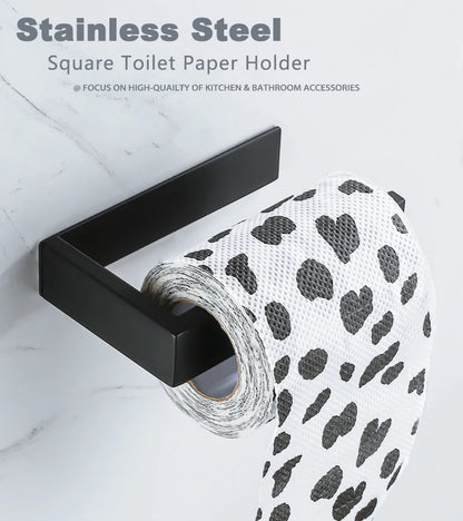 Self Adhesive Toilet Paper Holder Black Matt Stainless Steel Square Tissue Holder For Bathroom Storage Wc Accessories No Drill