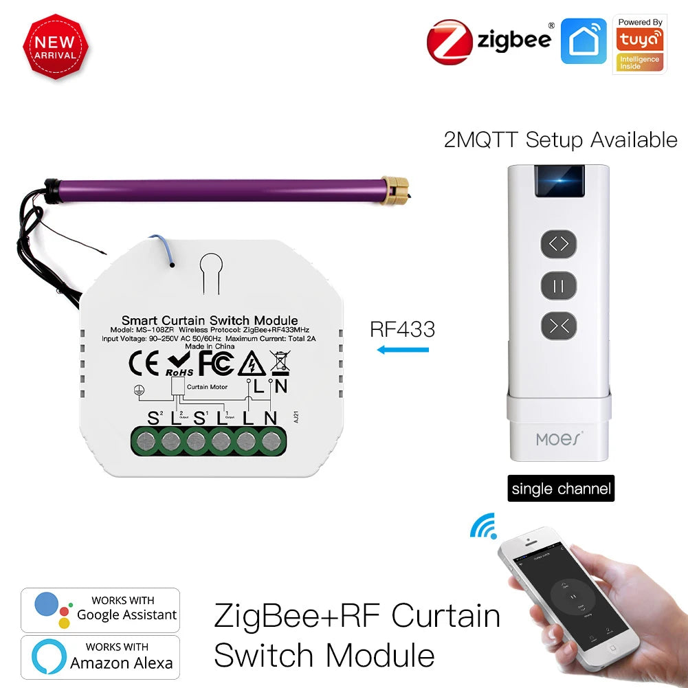 Moes Tuya ZigBee Smart RF433 Curtain Switch Module DIY for Motorized Roller Blinds Motor 2MQTT Smart Life APP Alexa Google Home