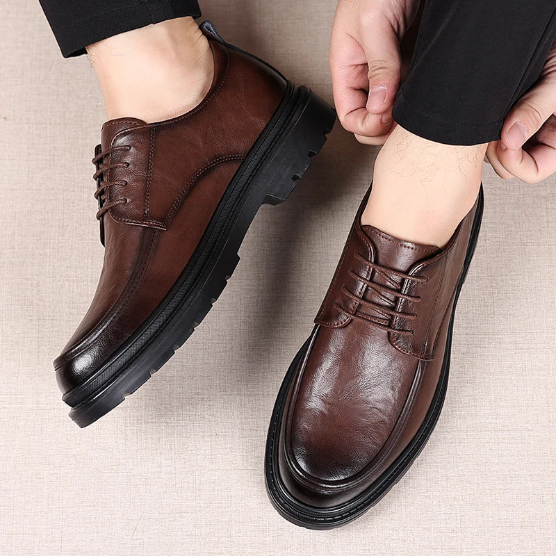 Mens Black Wrinkled Leather Apron Toe Lace Up Dress Shoes Thick Lug Sole Chunky Formal Business Office Work Daily Wear Shoes