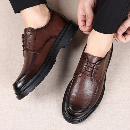 Mens Black Wrinkled Leather Apron Toe Lace Up Dress Shoes Thick Lug Sole Chunky Formal Business Office Work Daily Wear Shoes