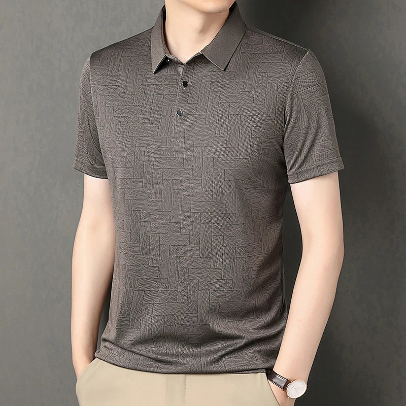 Men's Comfortable Short Sleeve Polo Shirt Weave Pattern Contrast Collar Design 2026 Casual Daily Office Fashion Top