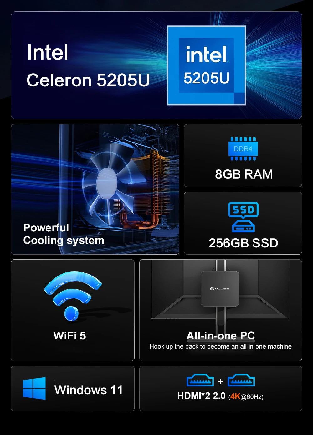 MLLSE  Mini PC M2 Plus Intel Celeron 5205U Processor 8GB RAM 256GB ROM WiFi 5 BT4.2 Windows 11 Pro Desktop Computer