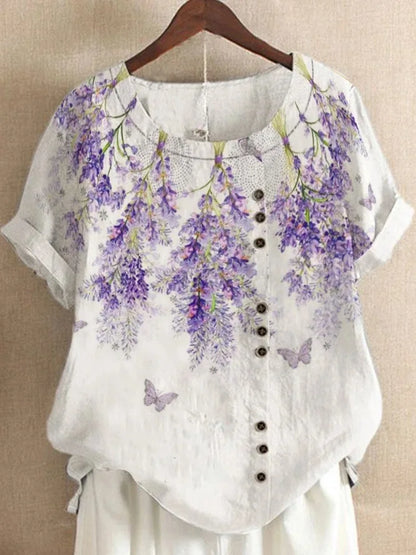 2025 Summer retro fashion printed loose casual shirt top, suitable for casual or vacation ladies' beachwear