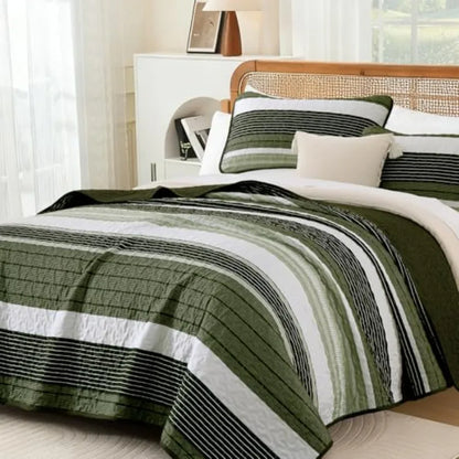 King Size Quilt Set Sage Green Striped 3 Piece Summer Patchwork Bedspreads Coverlet Soft Lightweight Bedding Set with 2 Pillow
