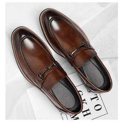 Mens Brown Burnished Genuine Leather Horsebit Loafers Slip On Formal Business Office Wedding Groom Daily Wear Shoes Simple New
