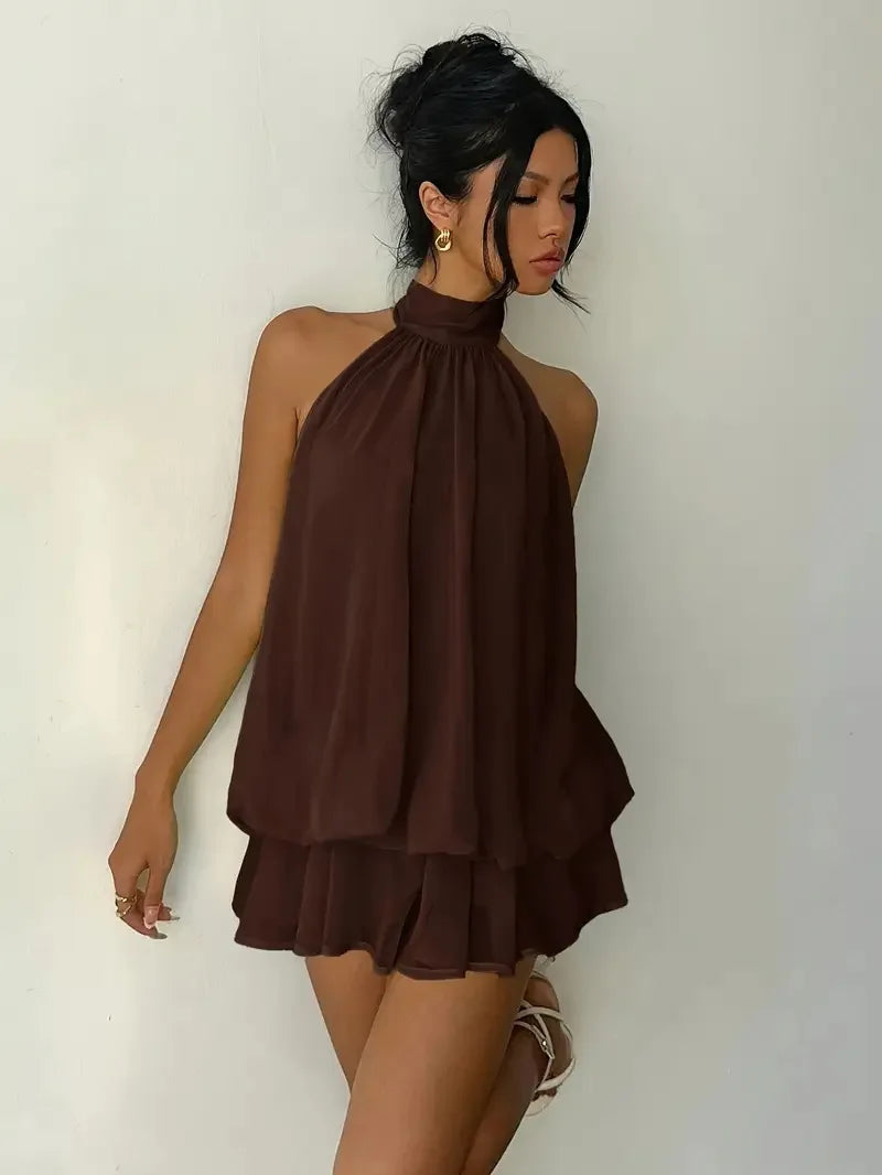 2026 Women's Elegant Halter Neck Sleeveless Ruffled Layered Chiffon Mini Dress Casual Summer Party Dress for Beach Vacation Y2K