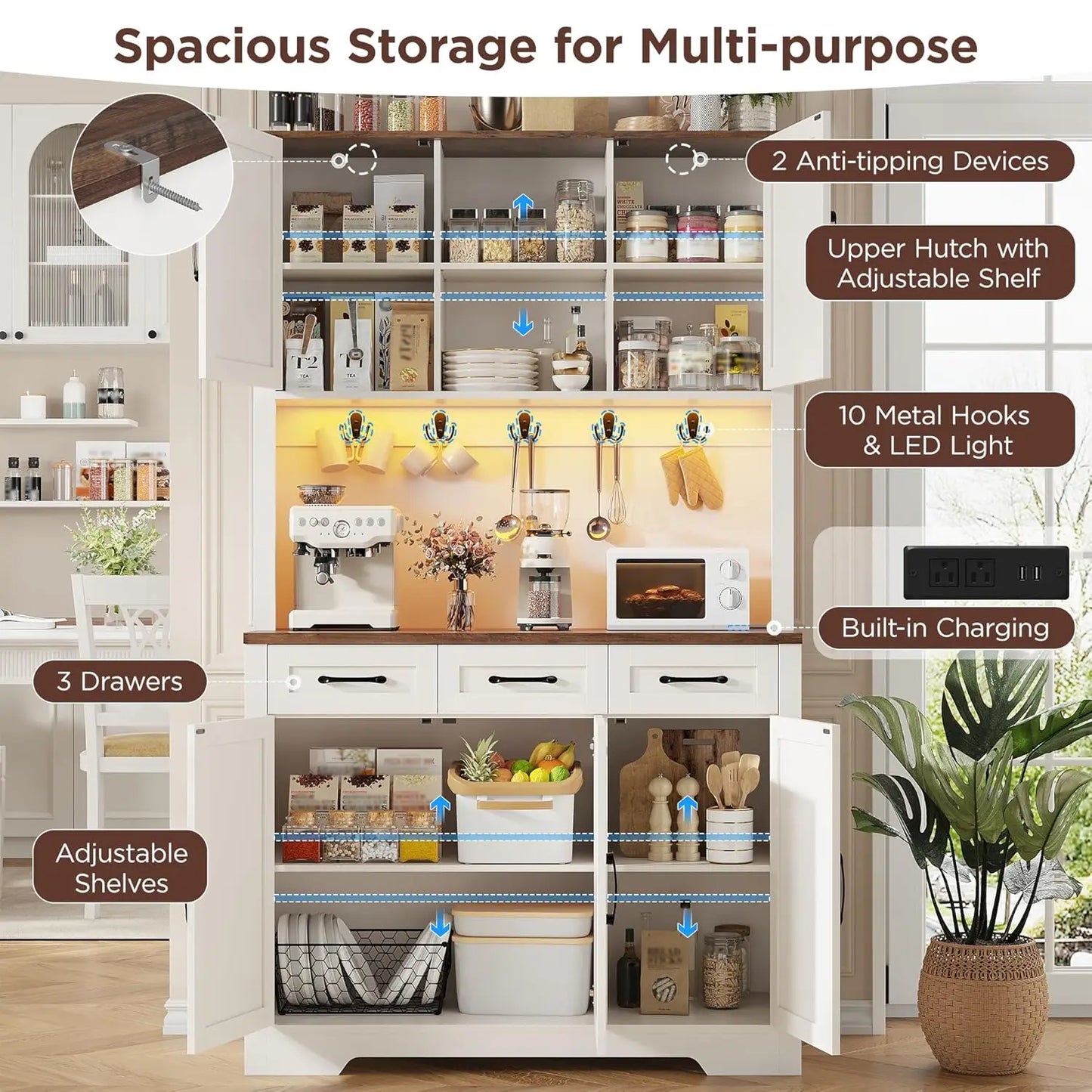 70.9" Tall Kitchen Pantry Cabinet with LED Light & Charging Station, Farmhouse Kitchen Hutch with Large Countertop & 10, Custom
