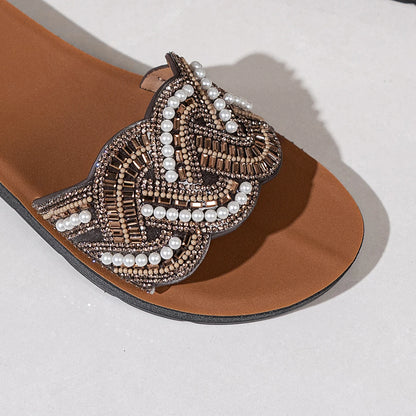 PXASXR Pearl Sandals for Women Fashionable Wear-Resistant Flat Bottom Slippers Comfortable Casual Beachwear Outdoor Slippers