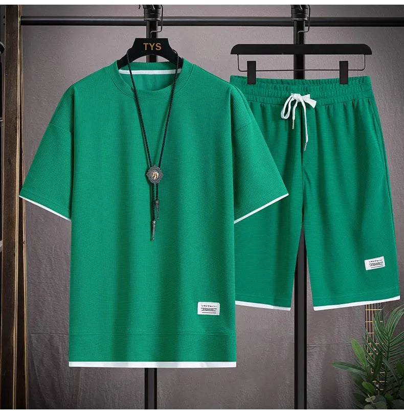 Waffle Men's Summer Short Sleeve And Shorts Two Piece Sets Sports Casual Tracksuit Men Comfortable Cool Shorts Oversized Set